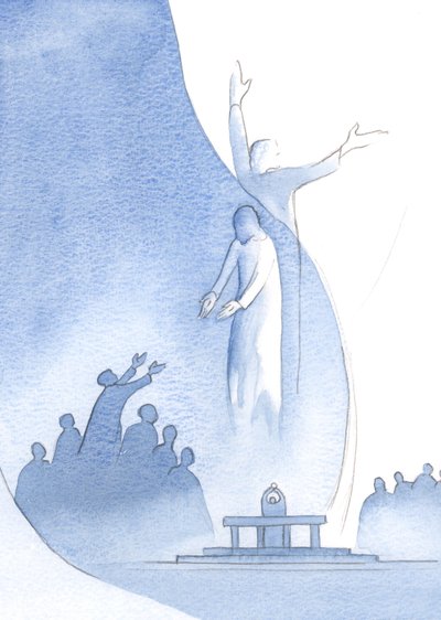 Kristus er virkelig ett med oss, ved sitt kjød og blod, og også ett med Faderen (som han trekker oss til) på grunn av sin guddommelighet., 2000 (w/c på papir) av Elizabeth Wang