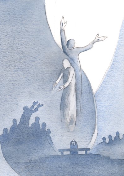 Kristus er virkelig ett med oss, ved sitt kjød og blod, og også ett med Faderen (som han trekker oss til) på grunn av sin guddommelighet., 2000 (w/c på papir) av Elizabeth Wang
