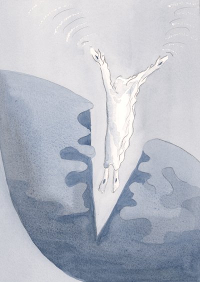 Kristus hopper kjærlig inn i de fryktede mørke dypet av våre hjerter., 2001 (w/c på papir) av Elizabeth Wang