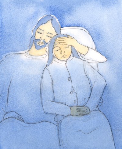 Kristus elsker å ønske sine venner velkommen i nattverden, 2004 (w/c på papir) av Elizabeth Wang