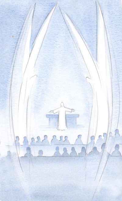 Kristus vår oppstandne Herre var tilstede er oss, i sin herlighet og kraft, voktet av Hans hellige engler, 2000 (w/c på papir) av Elizabeth Wang
