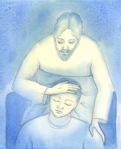 Kristus ser vår smerte og utmattelse, og kommer til oss i den hellige nattverd for å tilby trøst og trygghet, som en mor som stryker et barns hår., 2004 (w/c på papir) av Elizabeth Wang