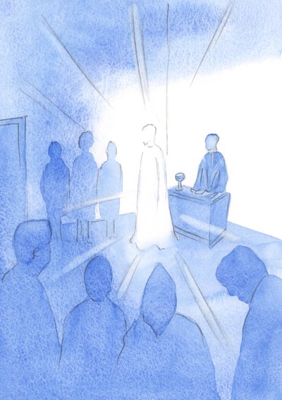 Kristus viste meg hvor få som sier "velkommen" med noen sannhet. Hvor få, i nattverden, åpenbarer sine hjerter for ham., 2001 (w/c på papir) av Elizabeth Wang
