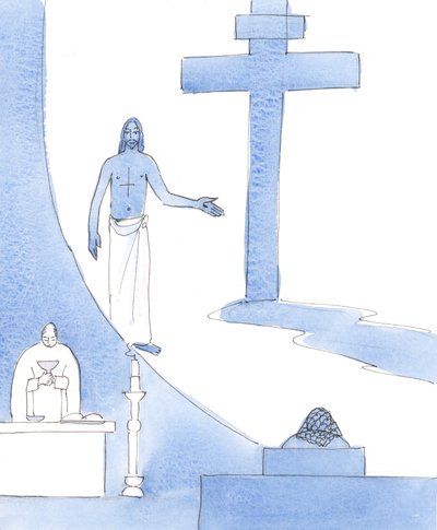 Kristus talte til meg ved innvielsen, da hans dyrebare blod var på alteret, 2004 (w/c på papir) av Elizabeth Wang