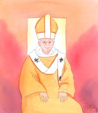 Kristus fortalte meg at ingen er klarsyntere enn pave Benedikt XVI når det gjelder endringene som er nødvendige for å sikre at den hellige liturgien gjennomføres på en passende måte, verdig himmelen, 2005 (akvarell på papir) av Elizabeth Wang