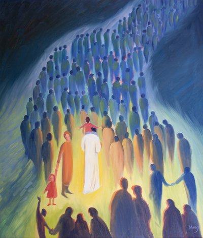 Kristus vandrer blant sitt folk, med pilegrimene og de syke, et barn på sine skuldre, 2001 (olje om bord) av Elizabeth Wang