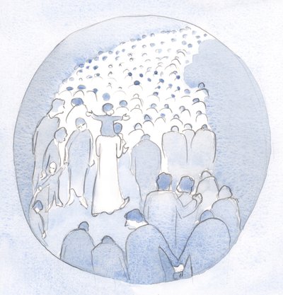 Kristus gikk midt blant sitt folk, et barn på sine skuldre, med pilegrimer og syke., 2001 (w/c på papir) av Elizabeth Wang