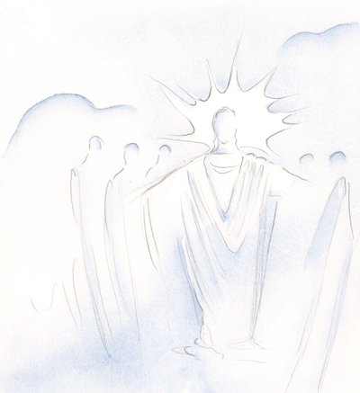 Kristus, som er døren, leder oss frem og tilbake i himmelsk selskap, 2000 (w/c på papir) av Elizabeth Wang
