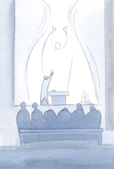 Kristi offerbønn er fullkommen. Den tilhører oss, og den inkluderer alle våre behov., 2000 (w/c på papir) av Elizabeth Wang