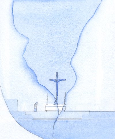 Under den hellige messen var det som om en sprekk dukket opp over helligdommen, gjennom hvilken jeg så Kristus på korset, 2002 (w/c på papir) av Elizabeth Wang