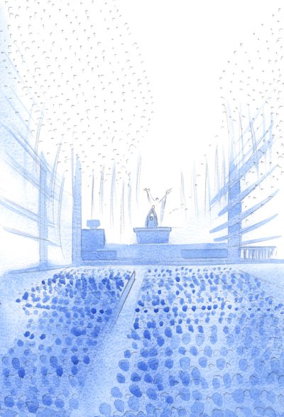 Under det hellige messeofferet, bønnfaller Kristus Faderen, blant hans folk på jorden og himmelen, 2002 (w/c på papir) av Elizabeth Wang