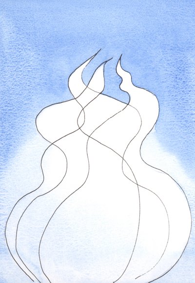 Hver guddommelig person, hver flamme, har den samme guddommelige natur. Sammen er de én Gud, én ild, 2002 (w/c på papir) av Elizabeth Wang