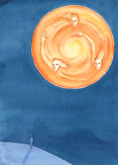 Hver person på jorden, arret av arvesynden, er invitert til å dele livet til de tre guddommelige personene, én Gud, som lever i uendelig glede og utstråling, 2003 (w/c på papir) av Elizabeth Wang
