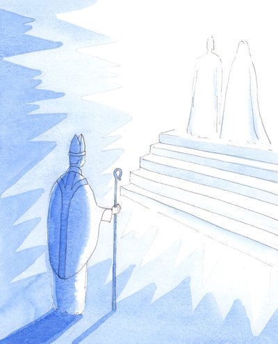 Enhver biskop vil en dag avlegge regnskap for Kristus for hva han har gjort for å frelse sjelene til de som er i hans varetekt da de var på jorden og passet på Kristi hjord, 2005 (akvarell på papir) av Elizabeth Wang
