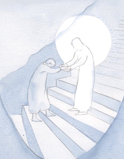 Hver liten selvsikker bønn gjør Kristus i stand til å lede oss videre opp på det hellige fjell. Men han tegner oss ikke uten vårt samtykke., 2001 (w/c på papir) av Elizabeth Wang