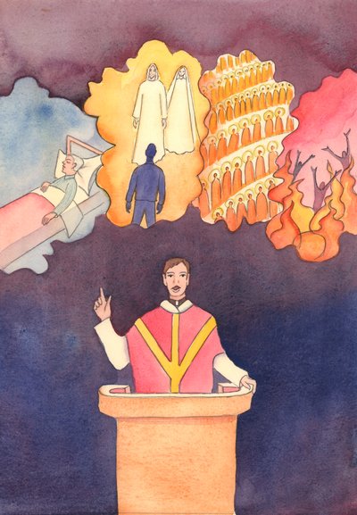 Få mennesker er modige nok til å snakke om "De fire siste tingene" - Death, Judgement, Heaven and Hell, 2004 (w/c på papir) av Elizabeth Wang