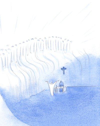 Fra vår midte, ved den hellige messe, er Kristus forent med sin Fader i himmelen, og hilser også sine hellige i himmelen., 2001 (w/c på papir) av Elizabeth Wang