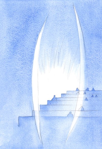 Gud vokter sjelen. Han vokter verdig sjelen som mottar Kristus i den hellige nattverd. Holy Angels står ved siden av oss, i ærbødig stillhet, 2002 (w/c på papir) av Elizabeth Wang
