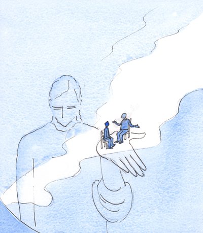 Gud holder i eksistensen alle ting, og alle mennesker, inkludert de som stiller spørsmål ved hans eksistens, 2003 (w/c på papir) av Elizabeth Wang