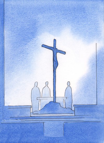 Gud viste meg at våre tre prester som ofret det hellige offer sto rundt korset som Kristus døde på, 2002 (w/c på papir) av Elizabeth Wang