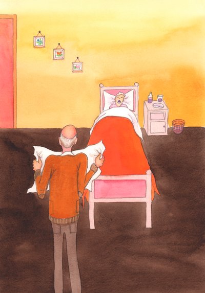 Gode intensjoner er ikke nok. Å drepe er galt, inkludert å drepe syke og eldre, selv om vi har en god intensjon i tankene., 2004 (akvarell på papir) av Elizabeth Wang