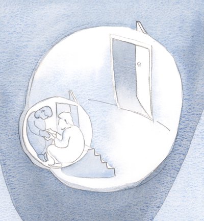 Han klatret inn i det innerste rommet i hjertet mitt, for å sitte stille i selskap og holde meg i hånden., 2001 (w/c på papir) av Elizabeth Wang