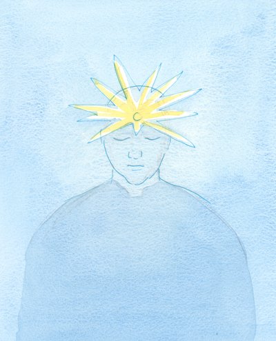 Han hadde blitt forvandlet ved sin nattverd og ved en venns bønn. På pannen hans lyste en ny perle, som utstrålte et ekstraordinært lys: tegn på en spesiell dyd, 2003 (w/c på papir) av Elizabeth Wang