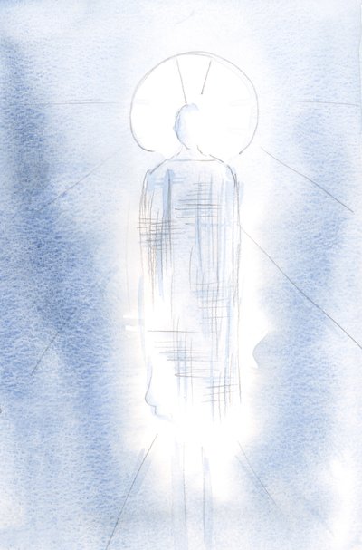 Han sto i majestet, i en kongelig kappe, hodet omkranset av lys., 2001 (w/c på papir) av Elizabeth Wang