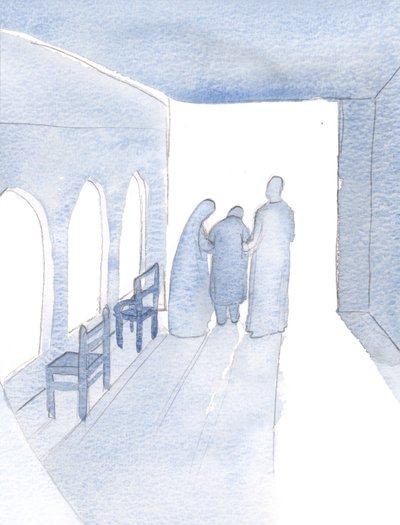 Han forbarmet seg over meg og fulgte meg til arbeidet mitt, Han på den ene siden og Hans Hellige Mor på den andre., 2000 (w/c på papir) av Elizabeth Wang