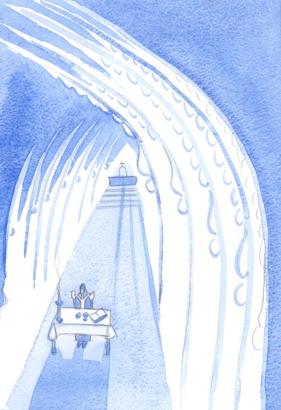 Hellige engler, i det høye, omgir alteret vårt, stirrer mot det, klare til å tilbe Vår Herre når Han blir til stede foran oss, 2001 (w/c på papir) av Elizabeth Wang