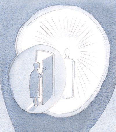Hvor få mennesker ønsker Kristus velkommen til sitt hjertes indre kammer. De forlater Ham på gangen, skamfulle over å åpenbare seg., 2001 (w/c på papir) av Elizabeth Wang