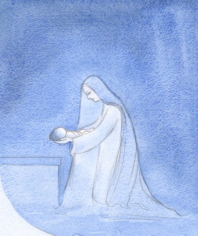 Hvor enkelt la Mary, kneltende, ned babyen sin for å sove, uten tanker om sin egen privilegerte rolle., 2001 (w/c på papir) av Elizabeth Wang