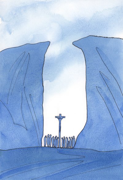 Hvor lite, isolert eller forfulgt samfunnet vårt enn er, er Kristus blant oss i messen, som i en kløft, 2001 (w/c på papir) av Elizabeth Wang