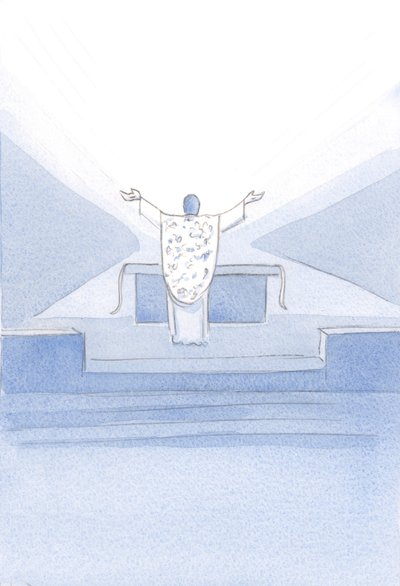 Jeg så Kristus, etter innvielsen. Han sto foran alteret, løftet hender, og ba sine prestebønner (også våre) til Faderen ovenfor., 2001 (w/c på papir) av Elizabeth Wang