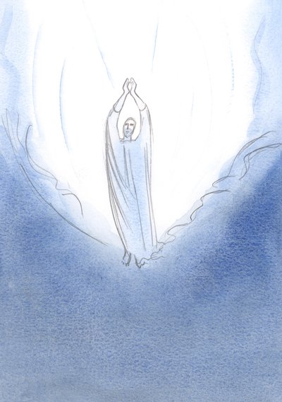 Jeg så Kristus stå på himmelens rand, med armene utstrakte i bønn: hva enn jeg ber om av Faderen, ber Jesus i himmelen om det for meg., 2001 (w/c på papir) av Elizabeth Wang