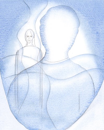 Jeg så Kristi strålende nærvær, bak mine tanker og minner, 2000 (w/c på papir) av Elizabeth Wang