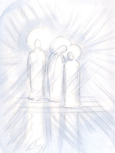 Jeg så Jesus tydelig, hans hellige mor ved hans side, og den hellige Josef ved siden av henne. Kristus gir dem til oss, som hjelpere og eksempler, 2000 (w/c på papir) av Elizabeth Wang