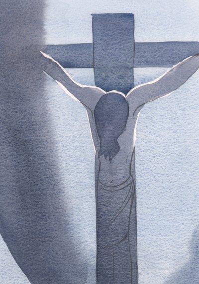 Jeg så Jesus, korsfestet og blodig, hode bøyd i pine. Det var her kjærligheten brakte Ham, 2000 (w/c på papir) av Elizabeth Wang