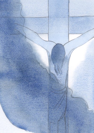 Jeg så Jesus, korsfestet og blodig, hode bøyd i pine. Det var her kjærligheten brakte Ham, 2000 (w/c på papir) av Elizabeth Wang