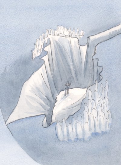 Jeg så, avslørte, det ene offeret gjort for alle generasjoner, 2001 (w/c på papir) av Elizabeth Wang
