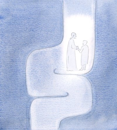 Jeg så at Kristus holder meg under mine reiser, mens vi beveger oss videre til Faderen, som om vi reiste gjennom snoede tunneler, 2000 (w/c på papir) av Elizabeth Wang