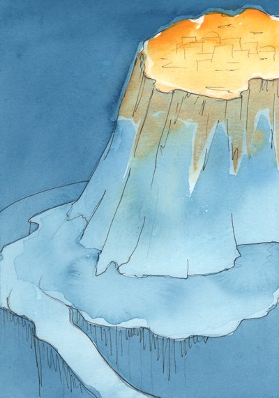Jeg så jordens klode, med et stort fjell på, 2003 (w/c på papir) av Elizabeth Wang