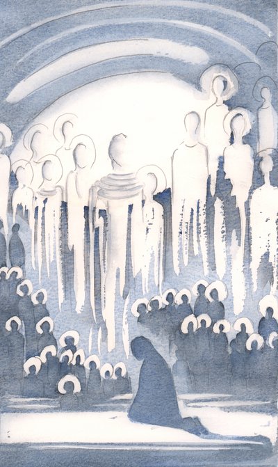 Jeg så herligheten av samlingen av de som tilber Gud i himmelen, mens vi tilber på jorden, 2000 (w/c på papir) av Elizabeth Wang