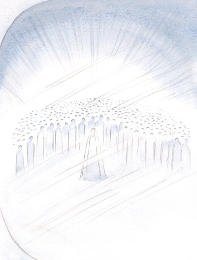 Jeg så de hellige tøffe, som det var, for privilegiet å hjelpe oss, med Jomfru Maria i sentrum, 2000 (w/c på papir) av Elizabeth Wang