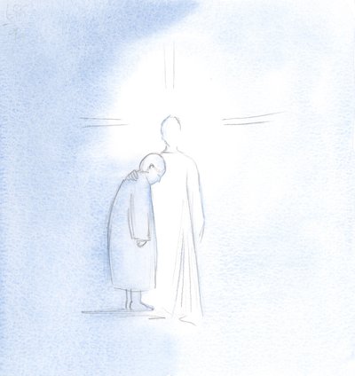 Jeg så sjelen til denne kvinnen som hadde dødd stå ved siden av Kristus, glad og i fred, etter at renselsen av skjærsilden var avsluttet, 2000 (w/c på papir) av Elizabeth Wang