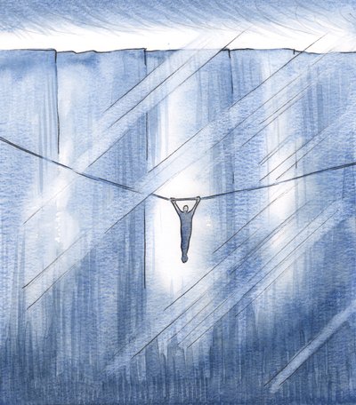 Jeg klamret meg ved tro alene, klamret meg til en tynn tråd av håp, hengt opp over en enorm avgrunn, 2000 (w/c på papir) av Elizabeth Wang