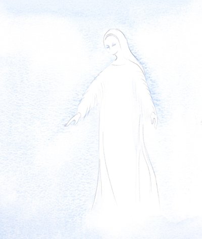 Jeg fikk et glimt av vår hellige mor Marias verdighet og av den herligheten hun nå mottar i himmelen., 2001 (w/c på papir) av Elizabeth Wang