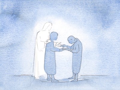 Jeg ble vist at hvert ømt ord eller hver gest av meg er en hellig og lykkelig måte som Kristus hilser andre på gjennom meg, 2000 (w/c på papir) av Elizabeth Wang