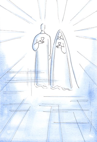Jeg ble vist de to hjertene: av den syndfrie Kristus, og av hans ulastelige mor, i himmelens strålende lys, 2002 (w/c på papir) av Elizabeth Wang
