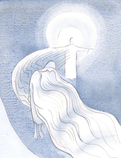Hvis en sjel er ydmyk, kan Kristi nåde strømme gjennom den sjelen til andre, som gjennom gasbind, uhindret., 2000 (w/c på papir) av Elizabeth Wang